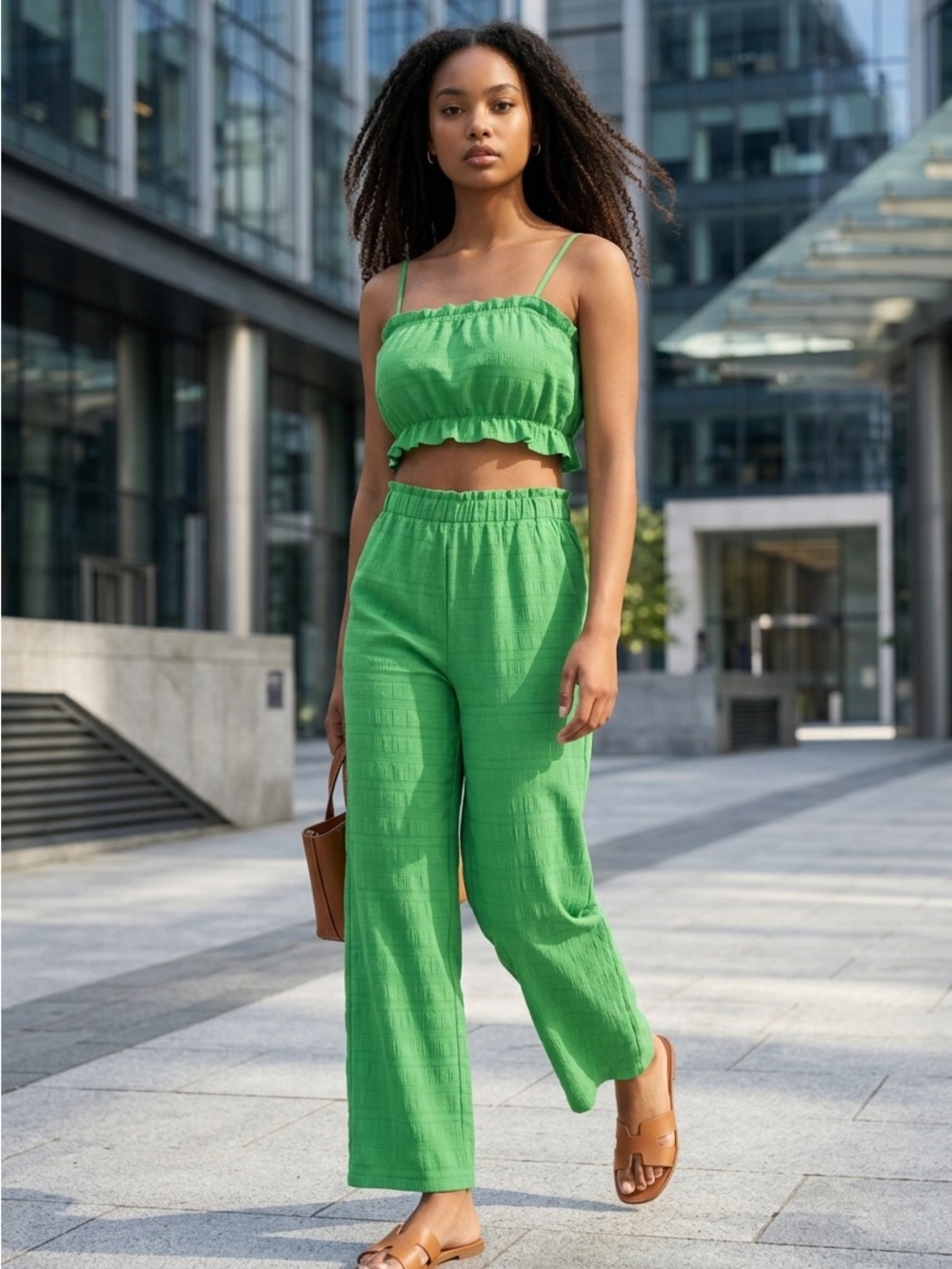 Green Elastic Waist Wide Leg Pants Women’s Pull On Casual Lightweight